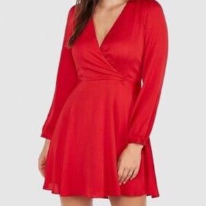 Express Red Long Sleeve Satin Fit & Flare Formal Dress